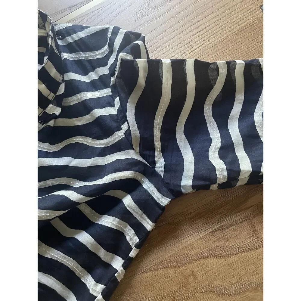 Tory Burch Sequined Tunic Top Navy White Striped Long Sleeve Blouse Popover 2 XS